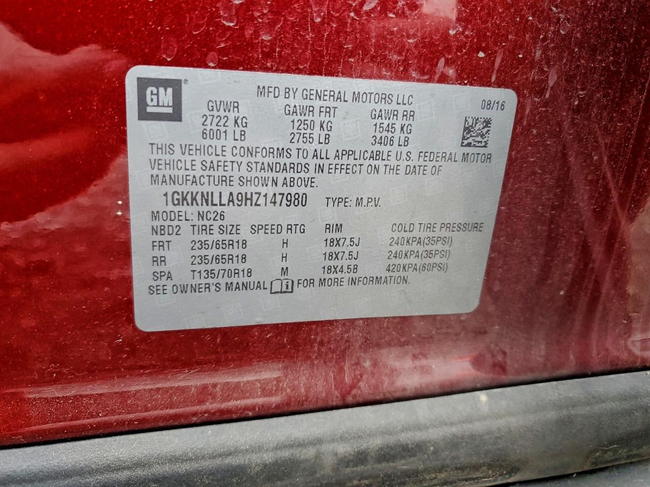 2017 GMC Acadia Sle VIN: 1GKKNLLA9HZ147980 Lot: 93757615