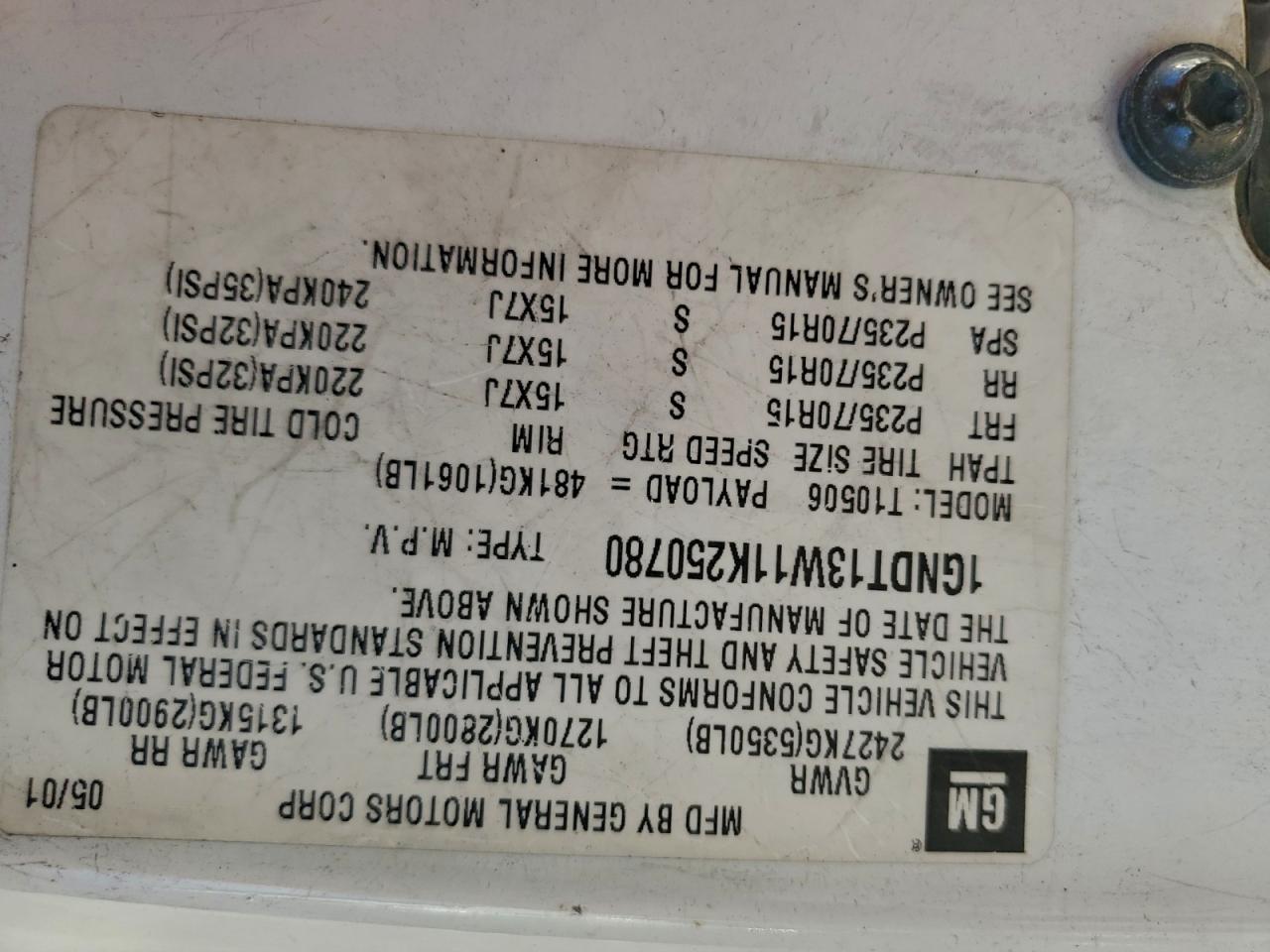 2001 Chevrolet Blazer VIN: 1GNDT13W11K250780 Lot: 94373645