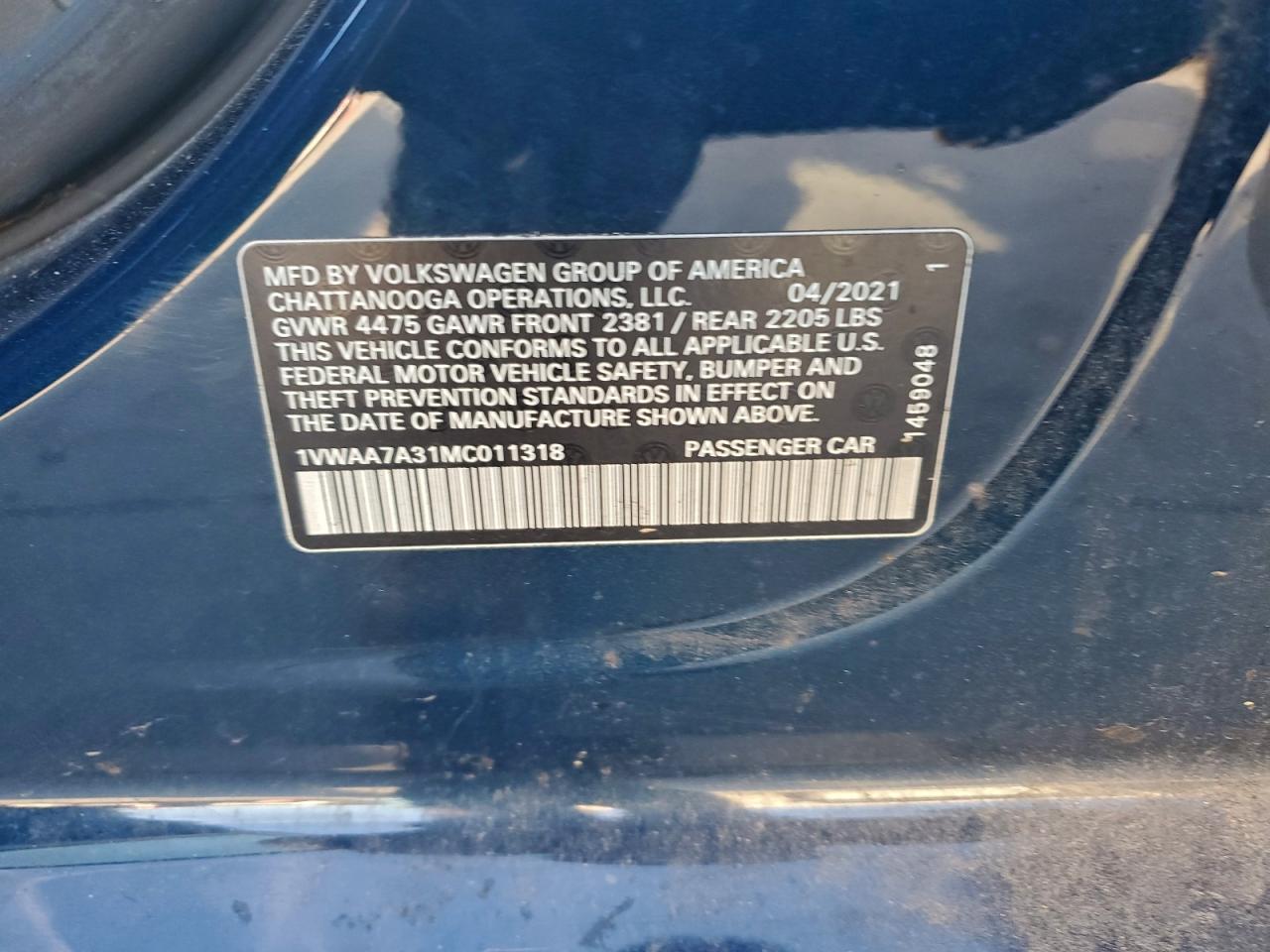 2021 Volkswagen Passat S VIN: 1VWAA7A31MC011318 Lot: 94104205