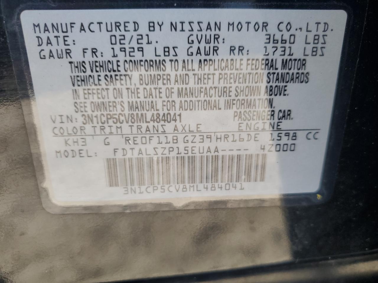 2021 Nissan Kicks Sv VIN: 3N1CP5CV8ML484041 Lot: 92388655