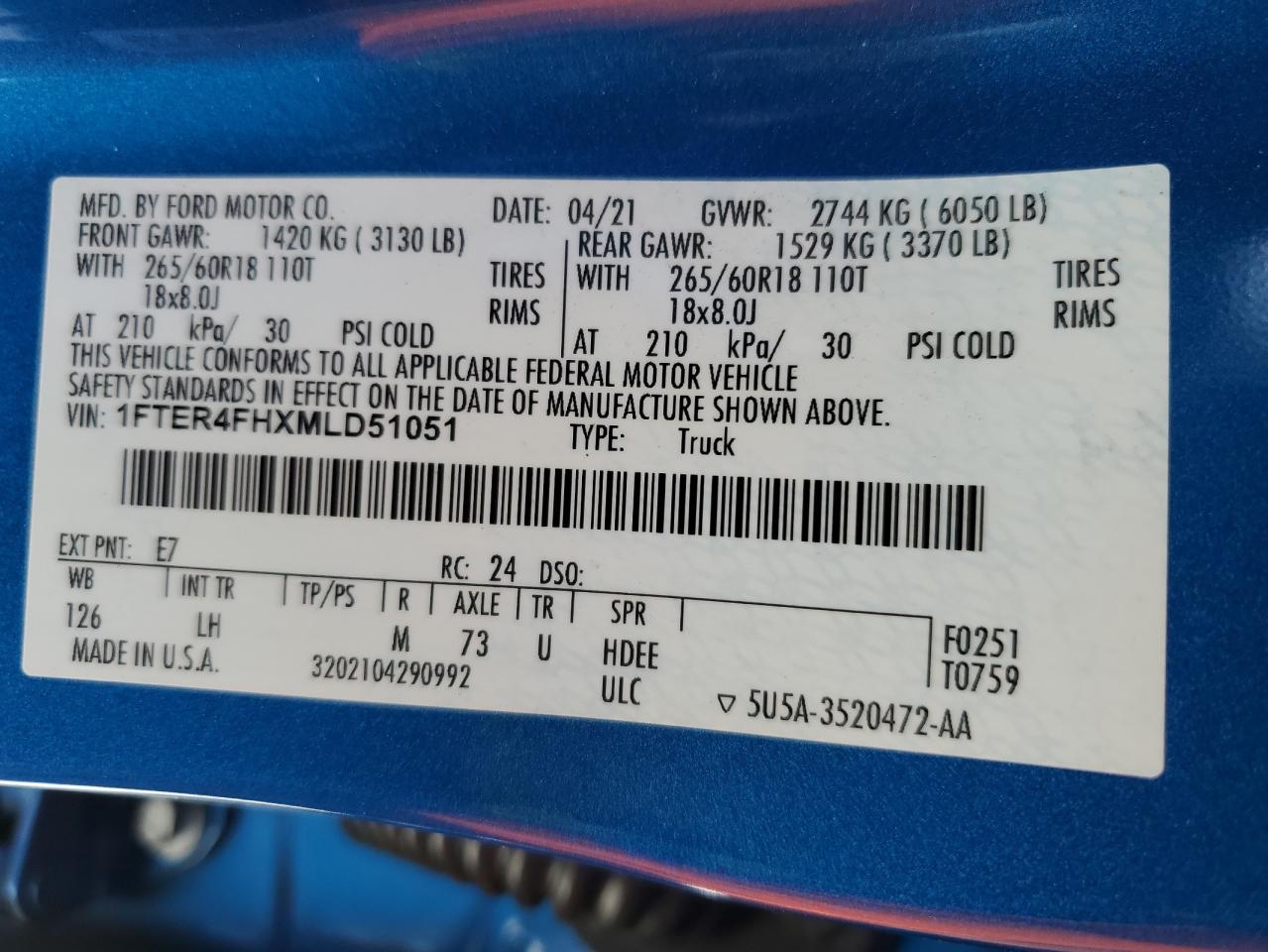 2021 Ford Ranger Xl VIN: 1FTER4FHXMLD51051 Lot: 92497515