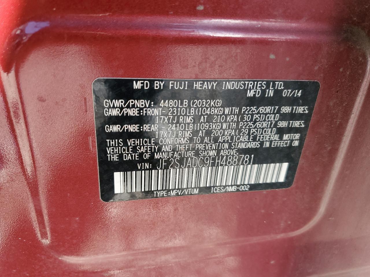 2015 Subaru Forester 2.5I Premium VIN: JF2SJADC9FH488781 Lot: 93493885