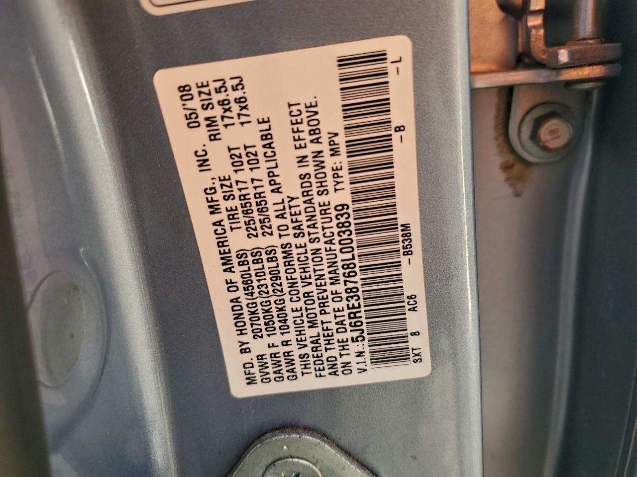 2008 Honda Cr-V Exl VIN: 5J6RE38768L003839 Lot: 94409615