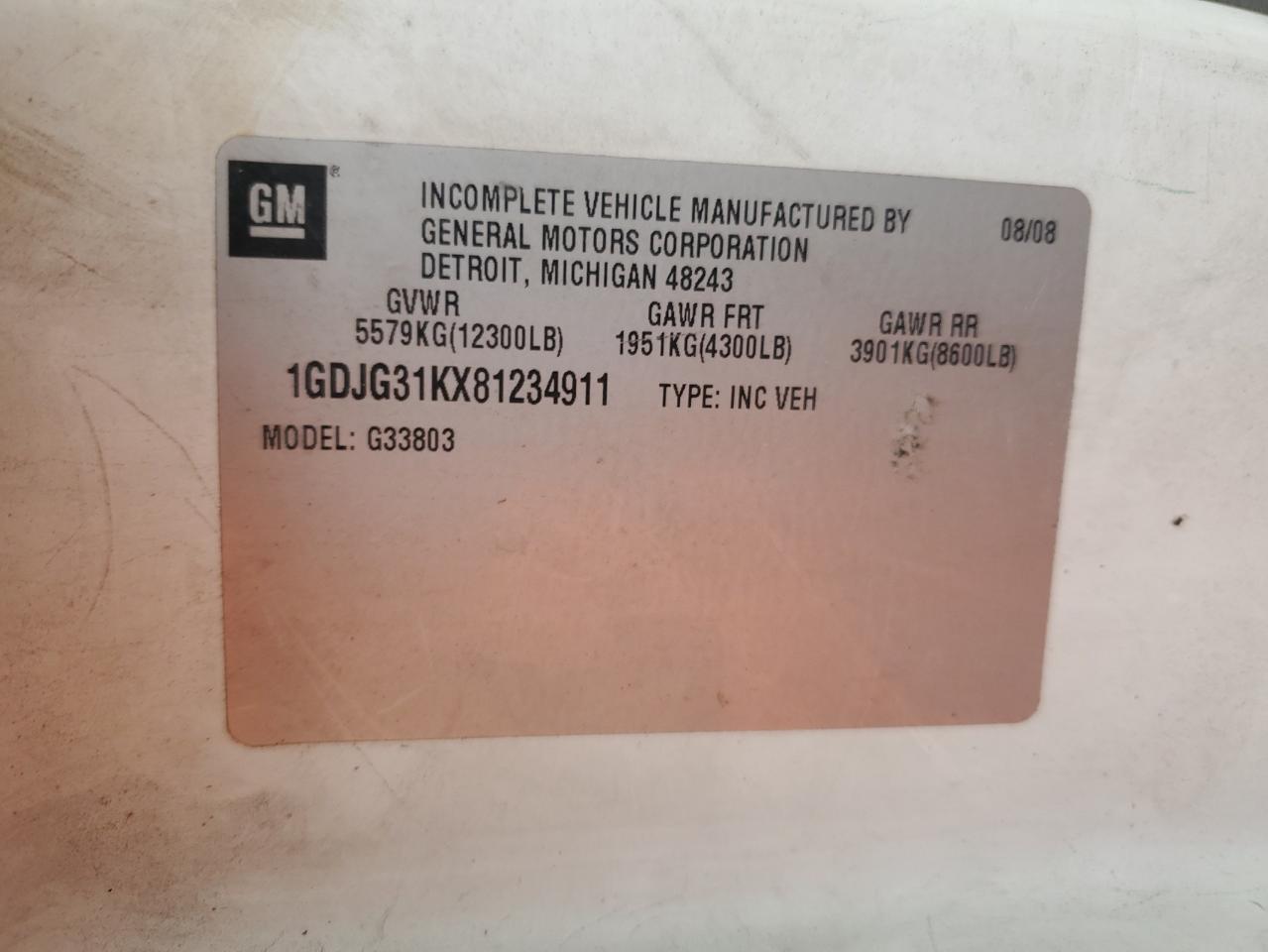 2008 GMC Savana Box Truck VIN: 1GDJG31KX81234911 Lot: 92638975