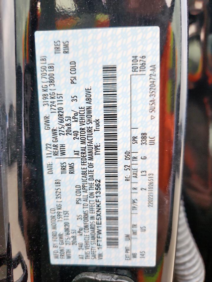 2022 Ford F150 Supercrew VIN: 1FTFW1E5XNKF13562 Lot: 90340195