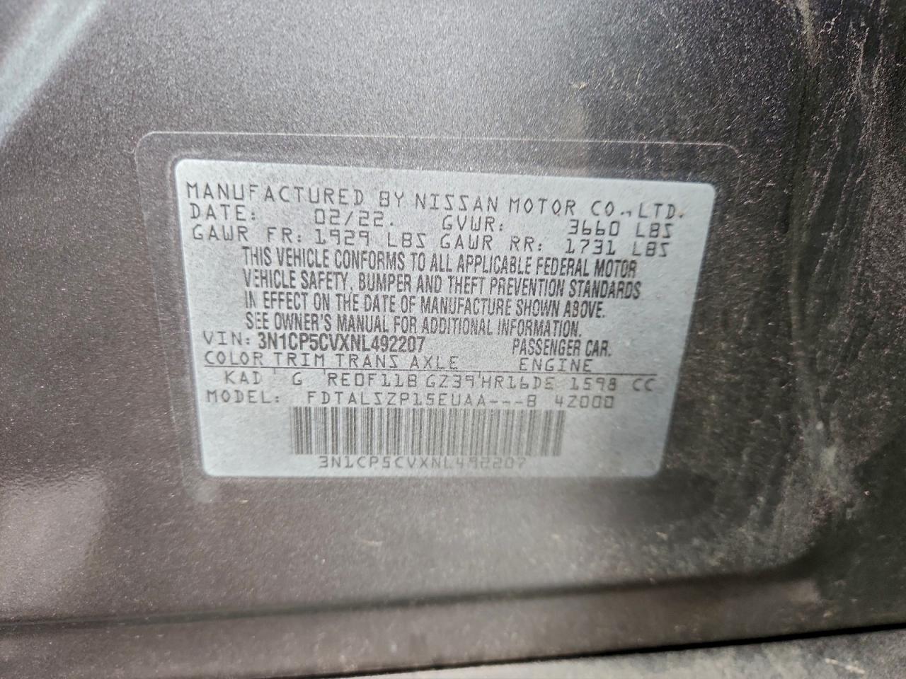 2022 Nissan Kicks Sv VIN: 3N1CP5CVXNL492207 Lot: 93375275