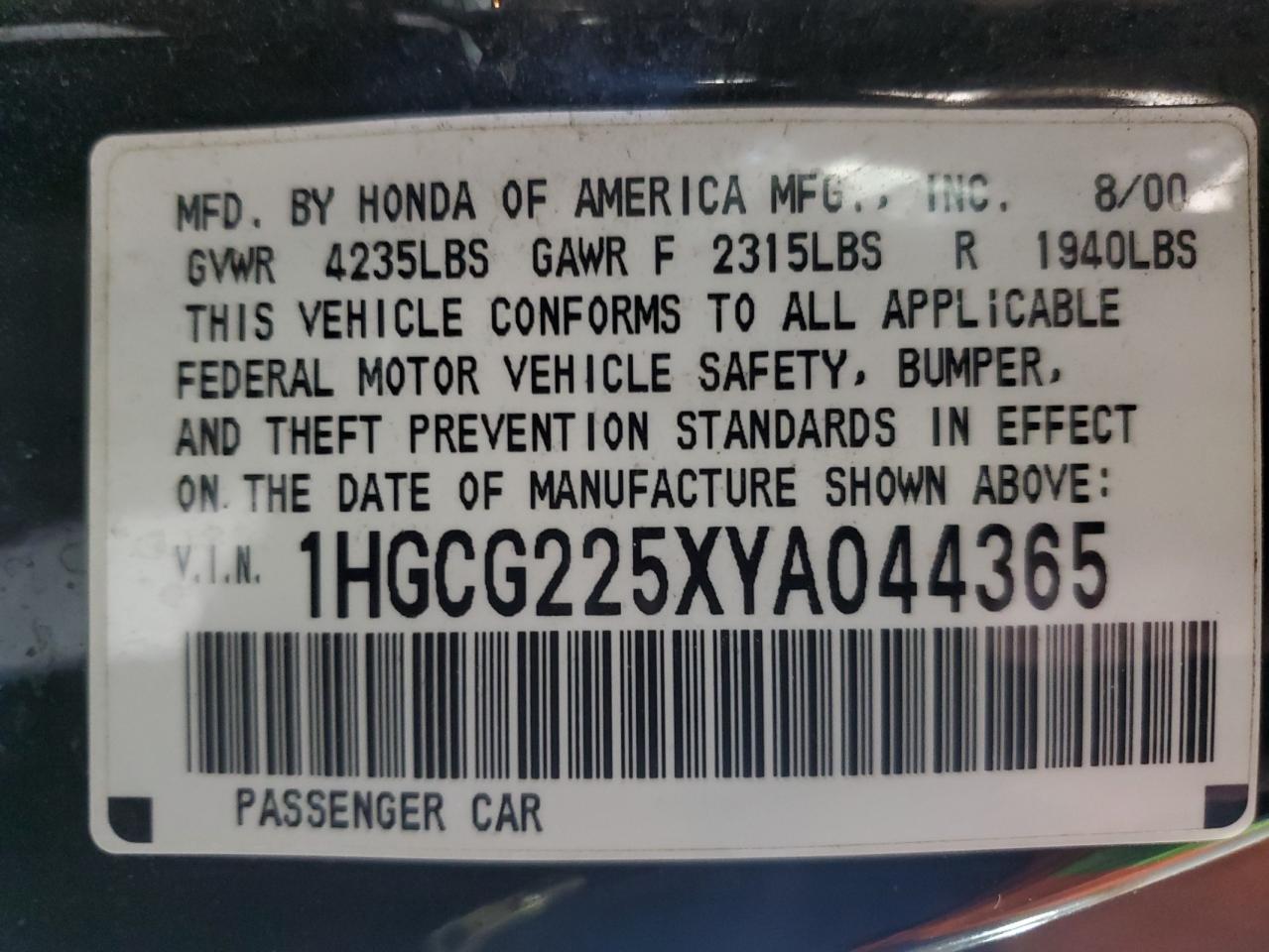 2000 Honda Accord Ex VIN: 1HGCG225XYA044365 Lot: 93551665