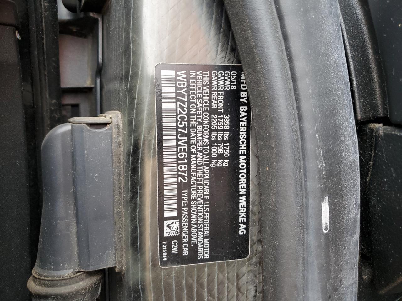 2018 BMW I3 Bev VIN: WBY7Z2C57JVE61872 Lot: 91446445