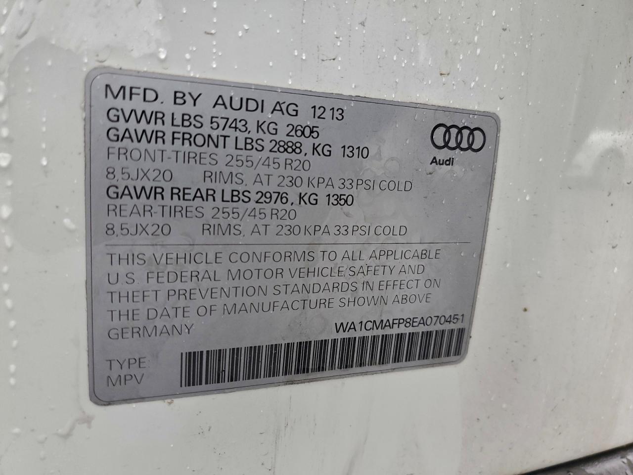 2014 Audi Q5 Tdi Premium Plus VIN: WA1CMAFP8EA070451 Lot: 93879065