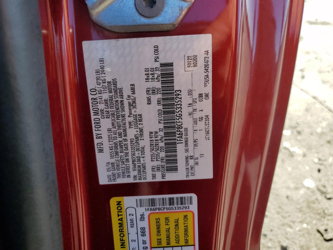 2016 Ford Mustang Gt VIN: 1FA6P8CF5G5335293 Lot: 92393795