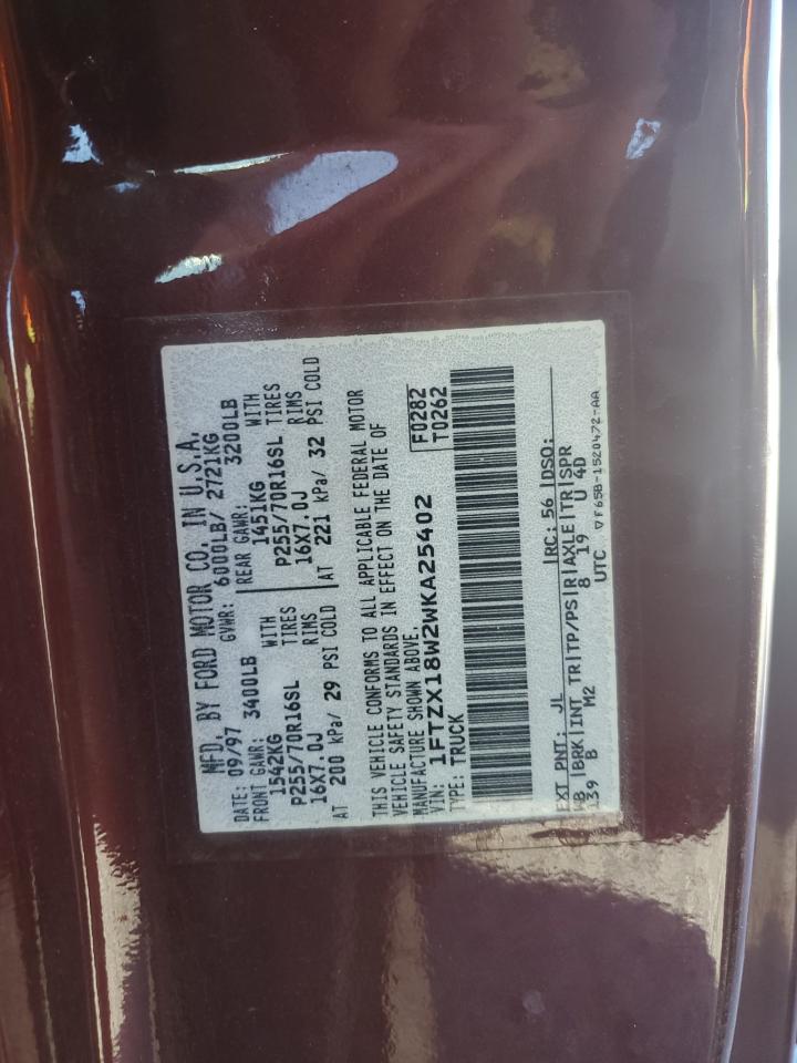 1998 Ford F150 VIN: 1FTZX18W2WKA25402 Lot: 91250085