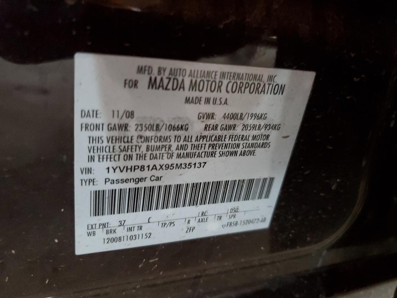 2009 Mazda 6 I VIN: 1YVHP81AX95M35137 Lot: 93383505