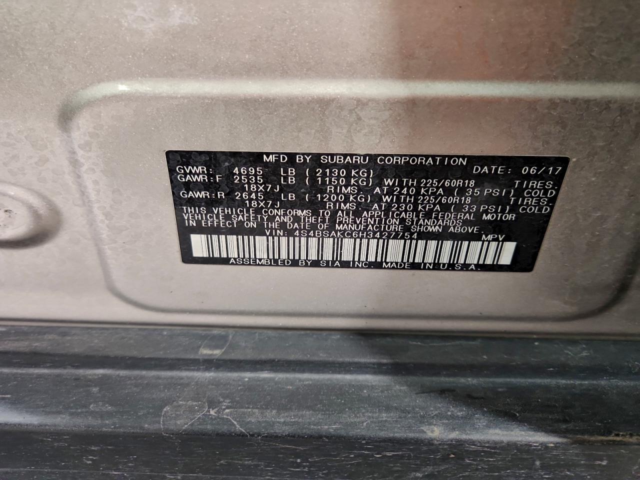 2017 Subaru Outback 2.5I Limited VIN: 4S4BSAKC6H3427754 Lot: 93209425