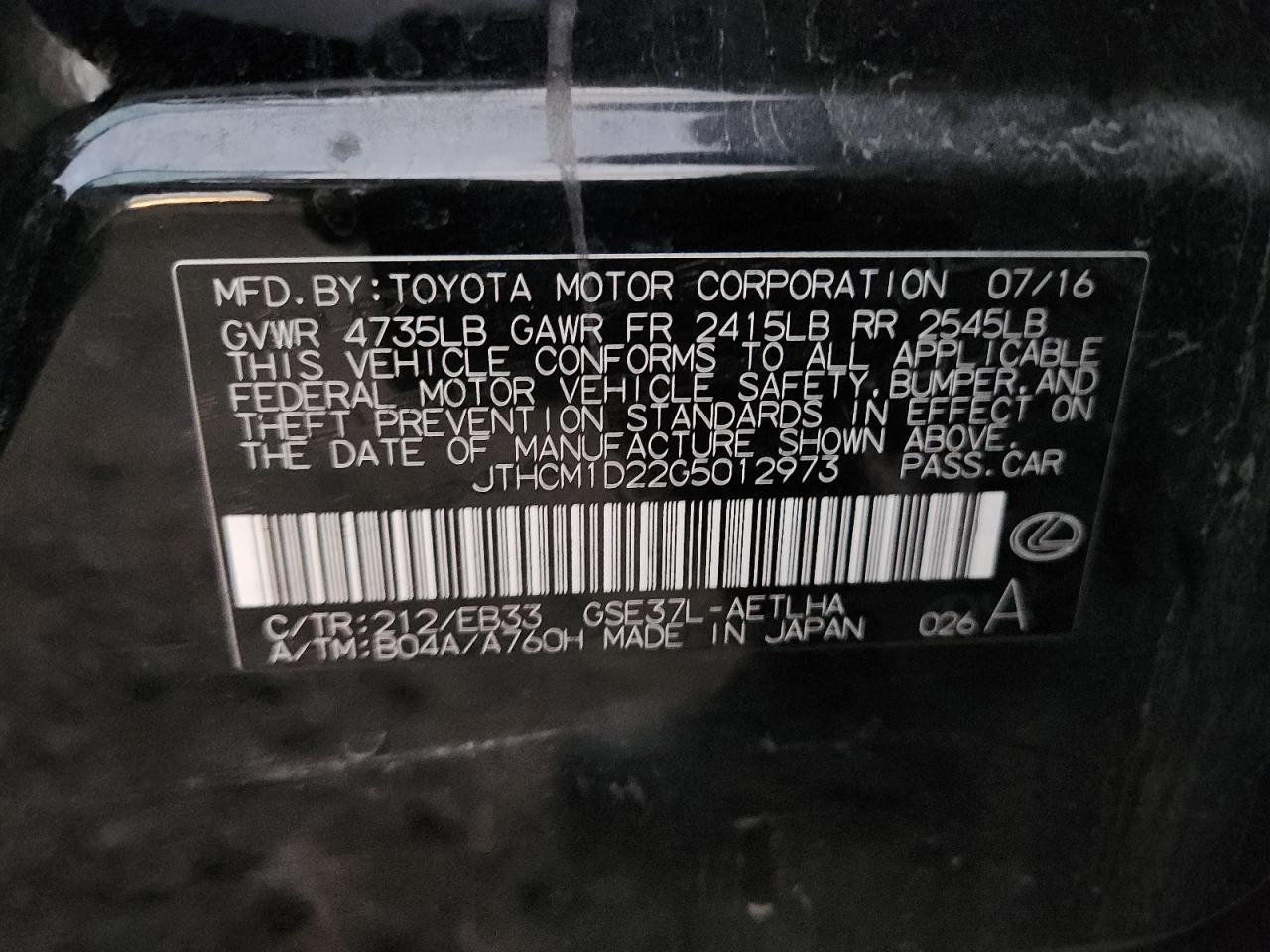 2016 Lexus Is 300 VIN: JTHCM1D22G5012973 Lot: 92240755