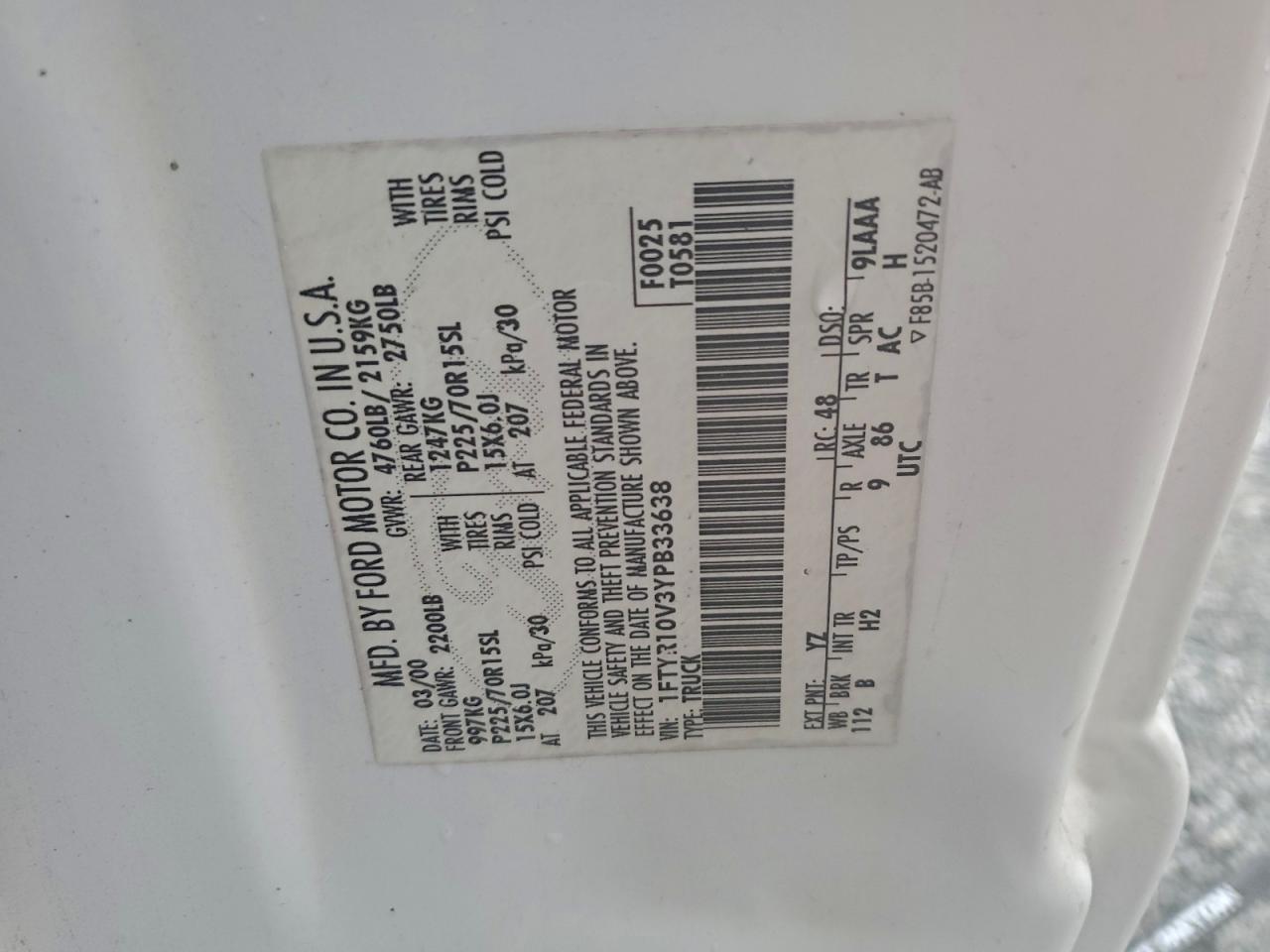 2000 Ford Ranger VIN: 1FTYR10V3YPB33638 Lot: 94449605