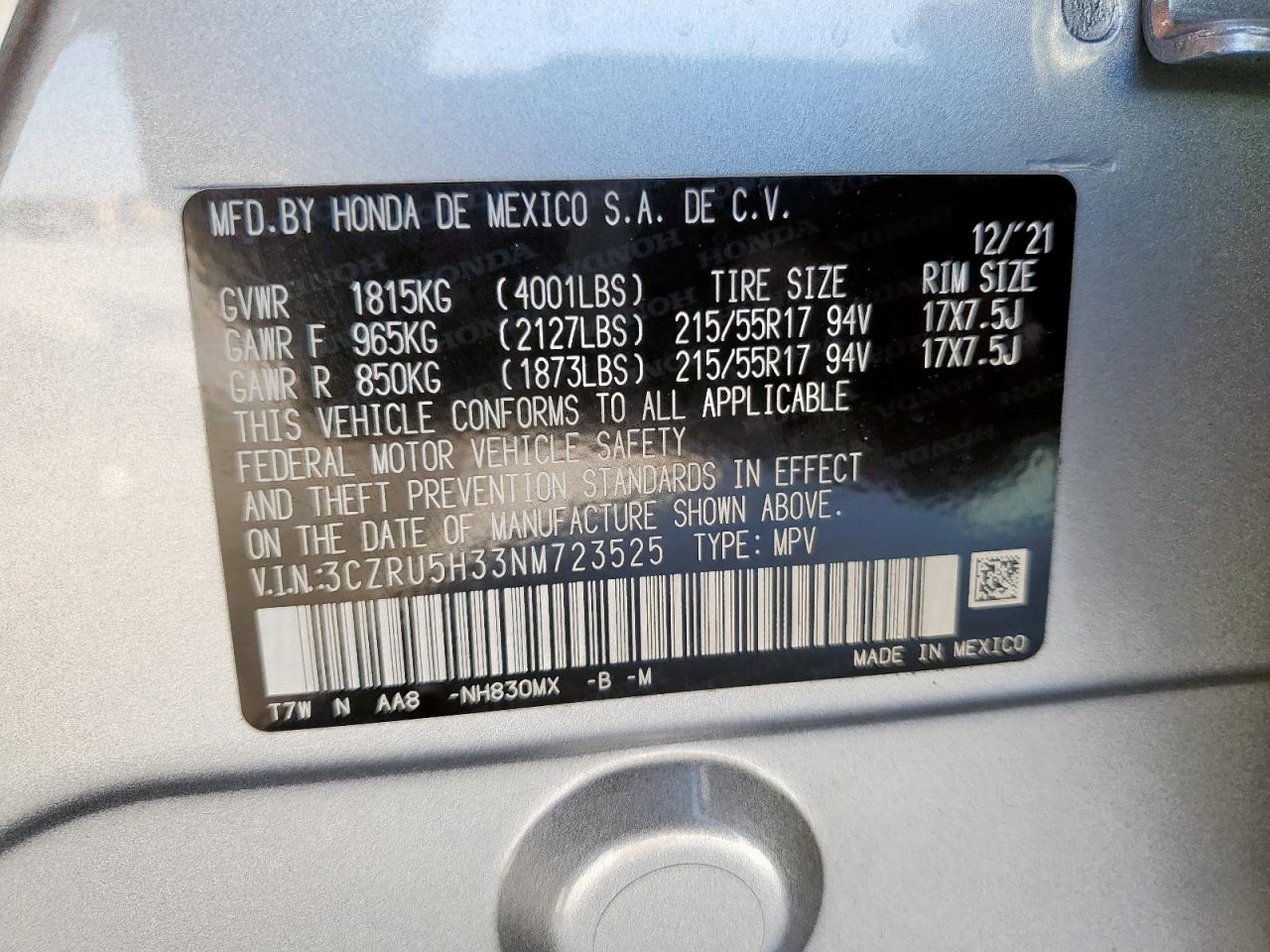 2022 Honda Hr-V Lx VIN: 3CZRU5H33NM723525 Lot: 92646475