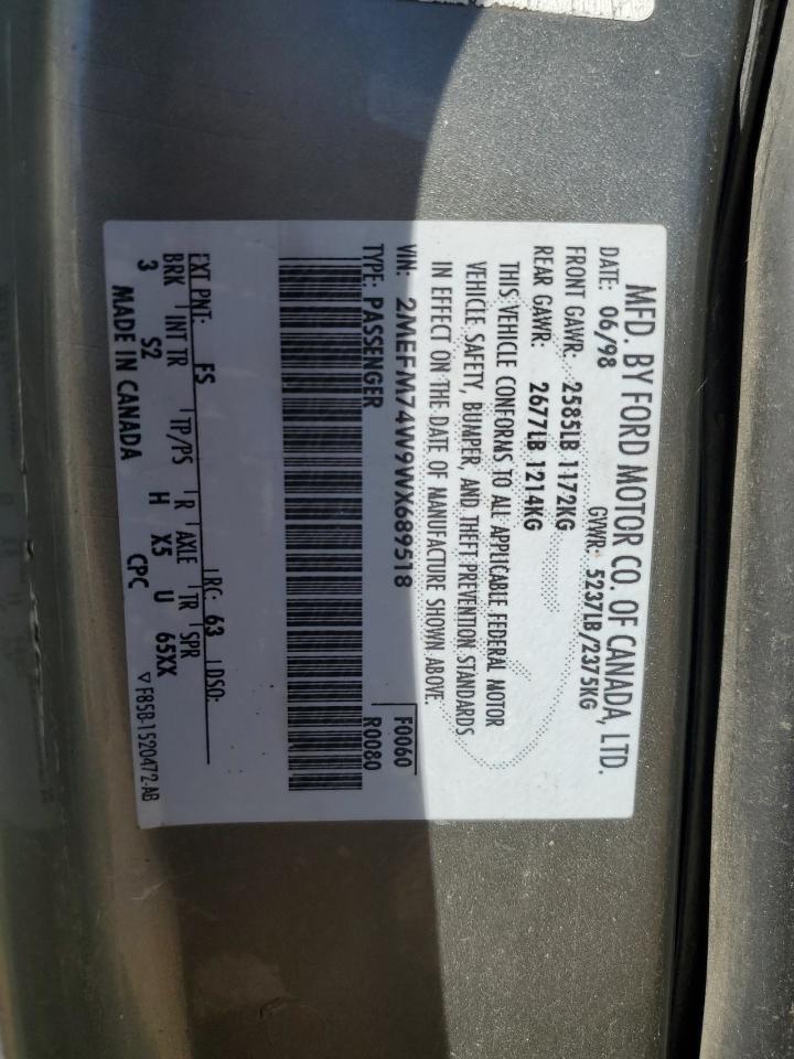 1998 Mercury Grand Marquis Gs VIN: 2MEFM74W9WX689518 Lot: 85839855