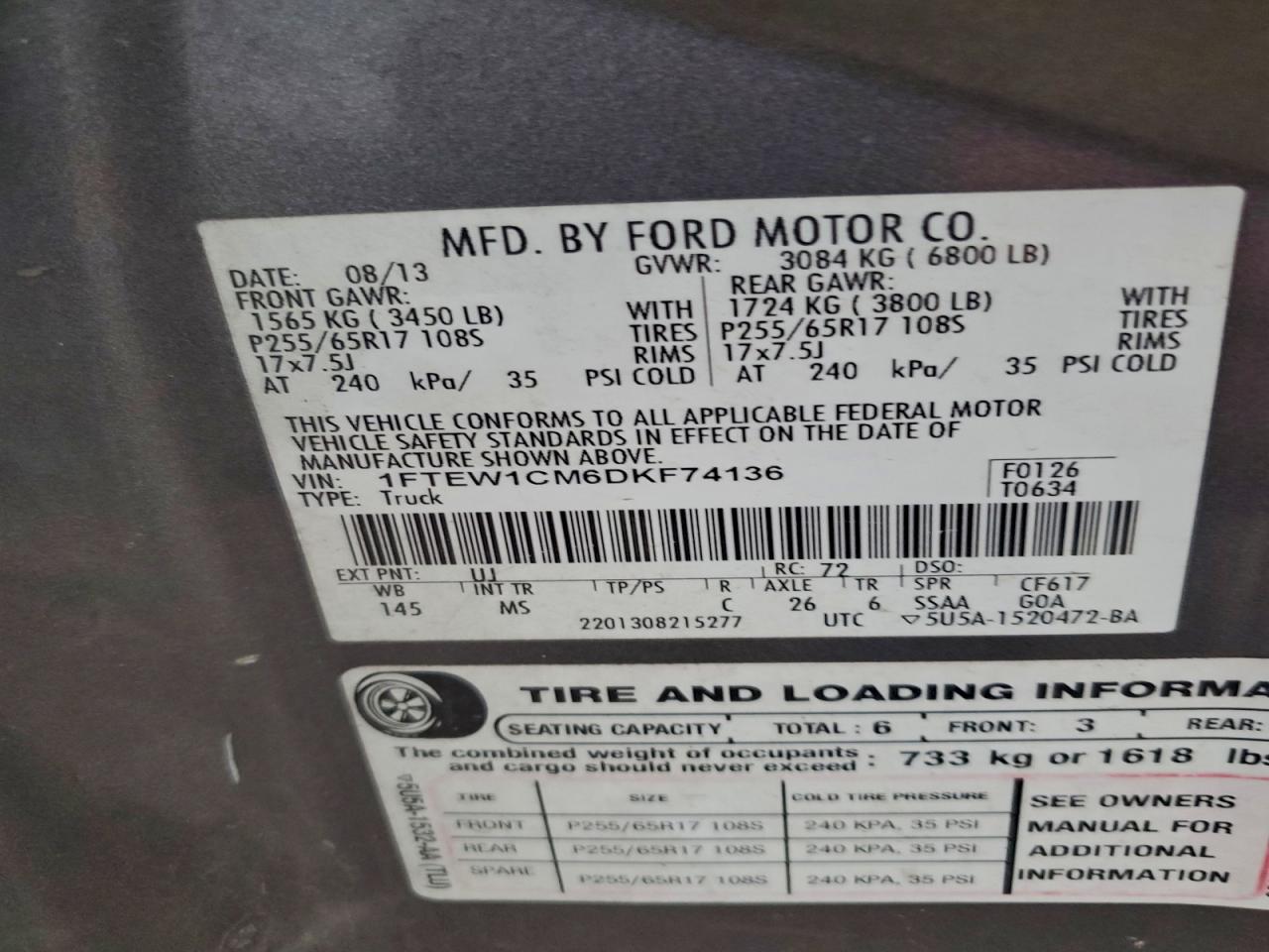 2013 Ford F150 Supercrew VIN: 1FTEW1CM6DKF74136 Lot: 94271675