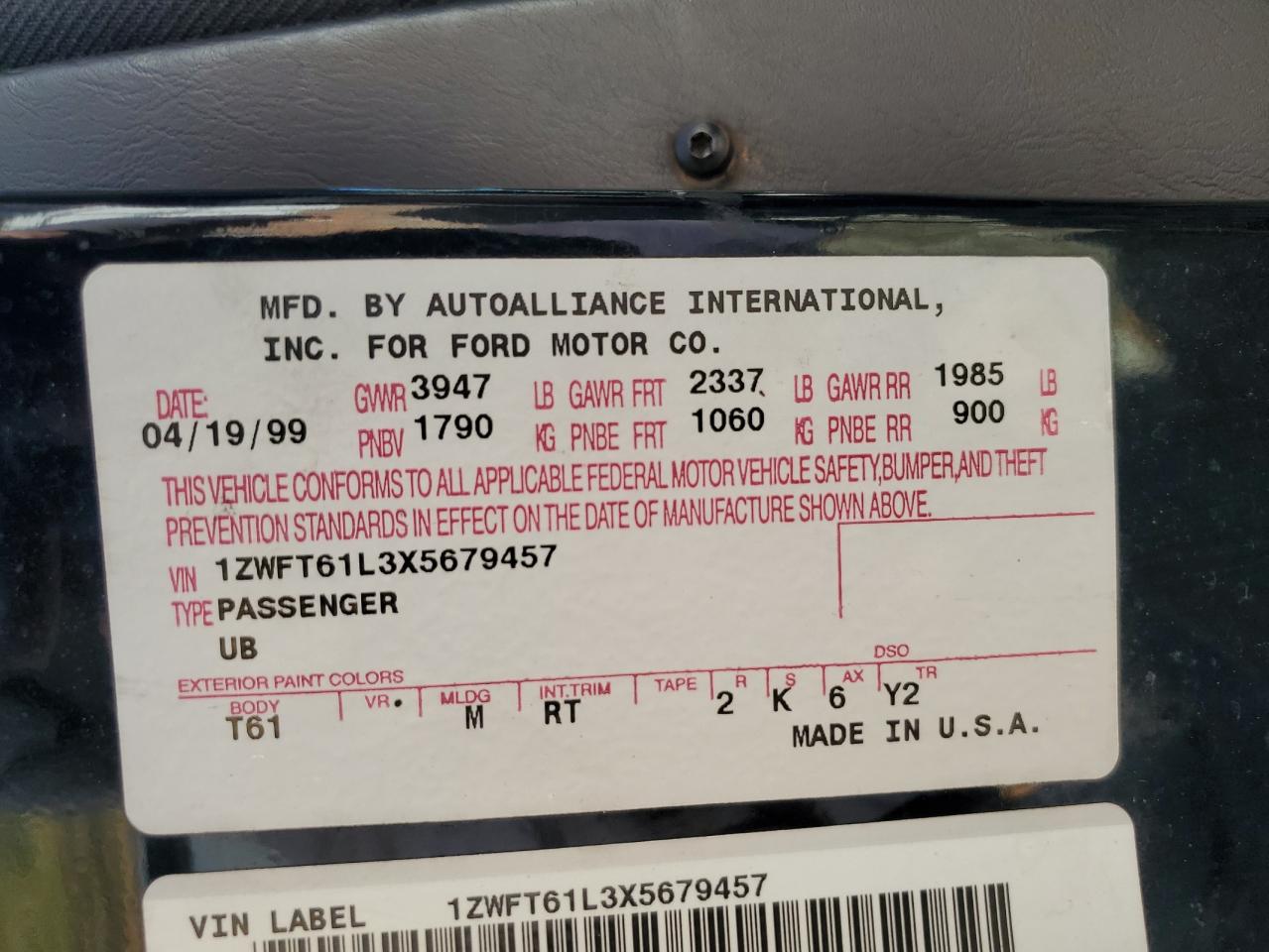 1999 Mercury Cougar V6 VIN: 1ZWFT61L3X5679457 Lot: 92601295
