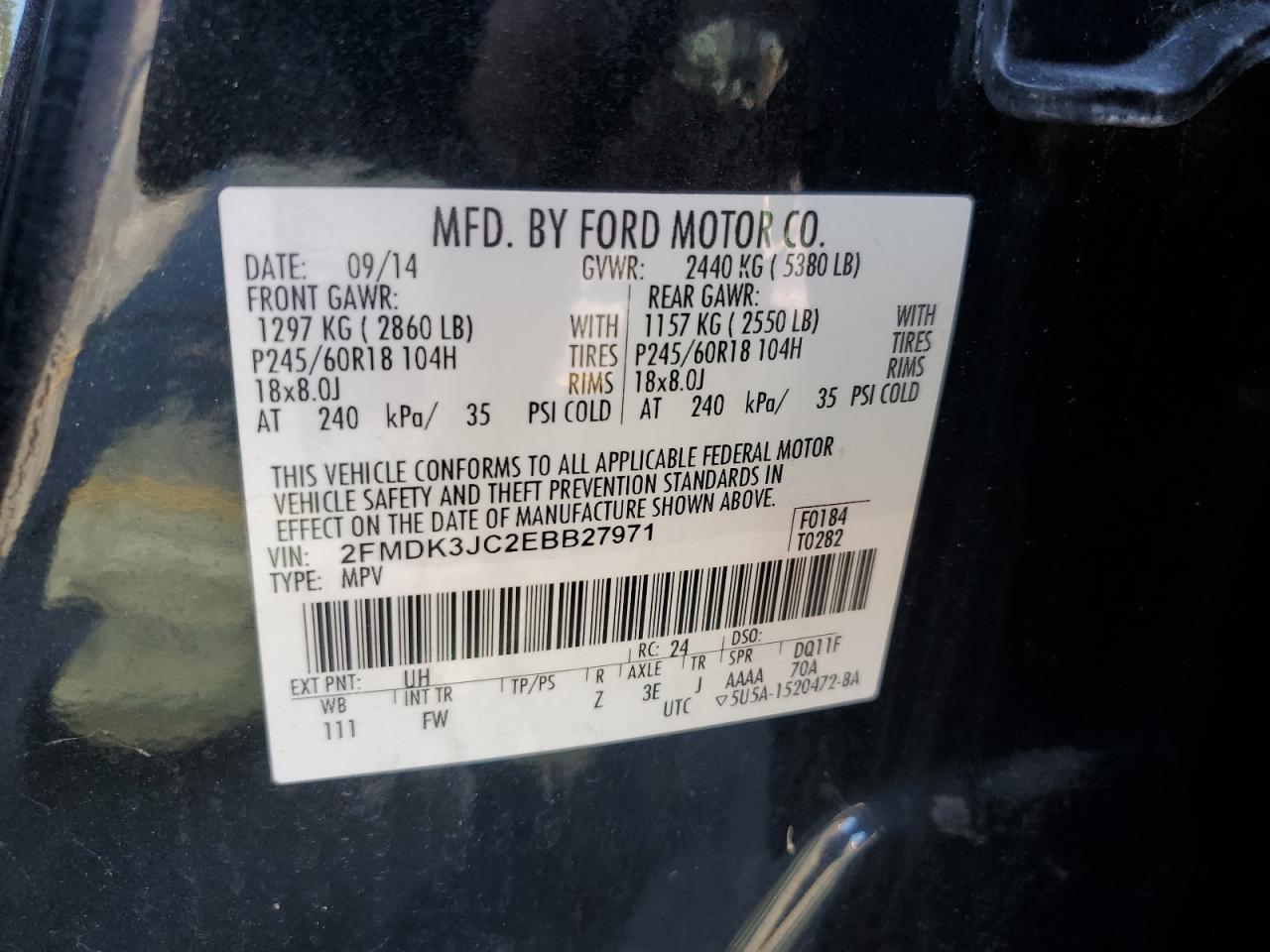 2014 Ford Edge Sel VIN: 2FMDK3JC2EBB27971 Lot: 90948905