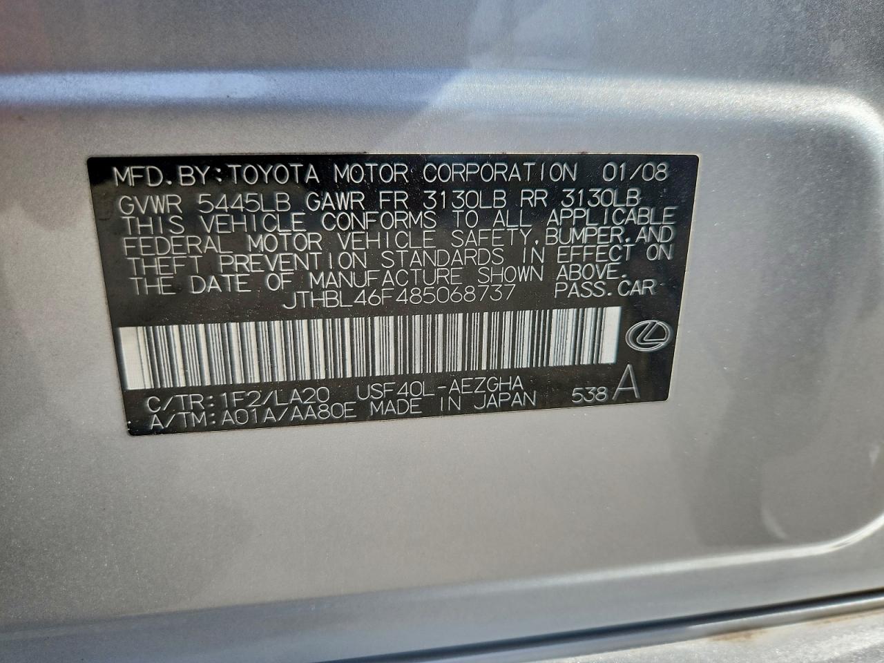 2008 Lexus Ls 460 VIN: JTHBL46F485068737 Lot: 93876795