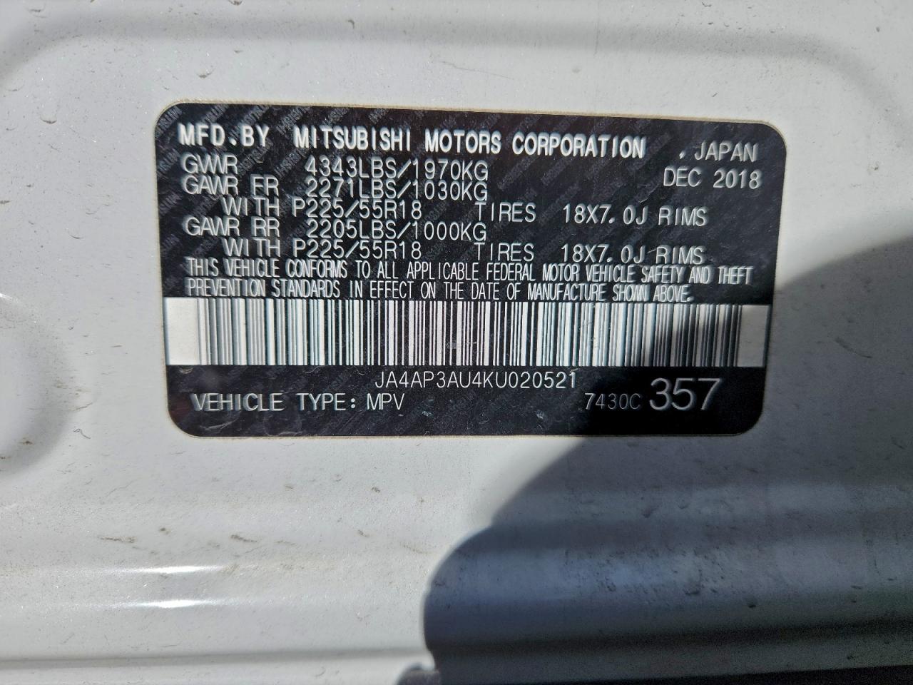 2019 Mitsubishi Outlander Sport Es VIN: JA4AP3AU4KU020521 Lot: 94165795