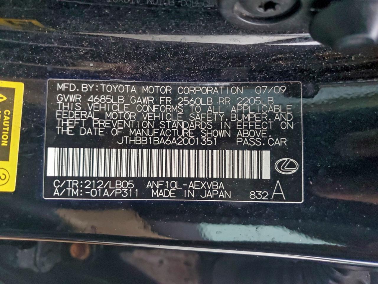 2010 Lexus Hs 250H VIN: JTHBB1BA6A2001351 Lot: 93620345