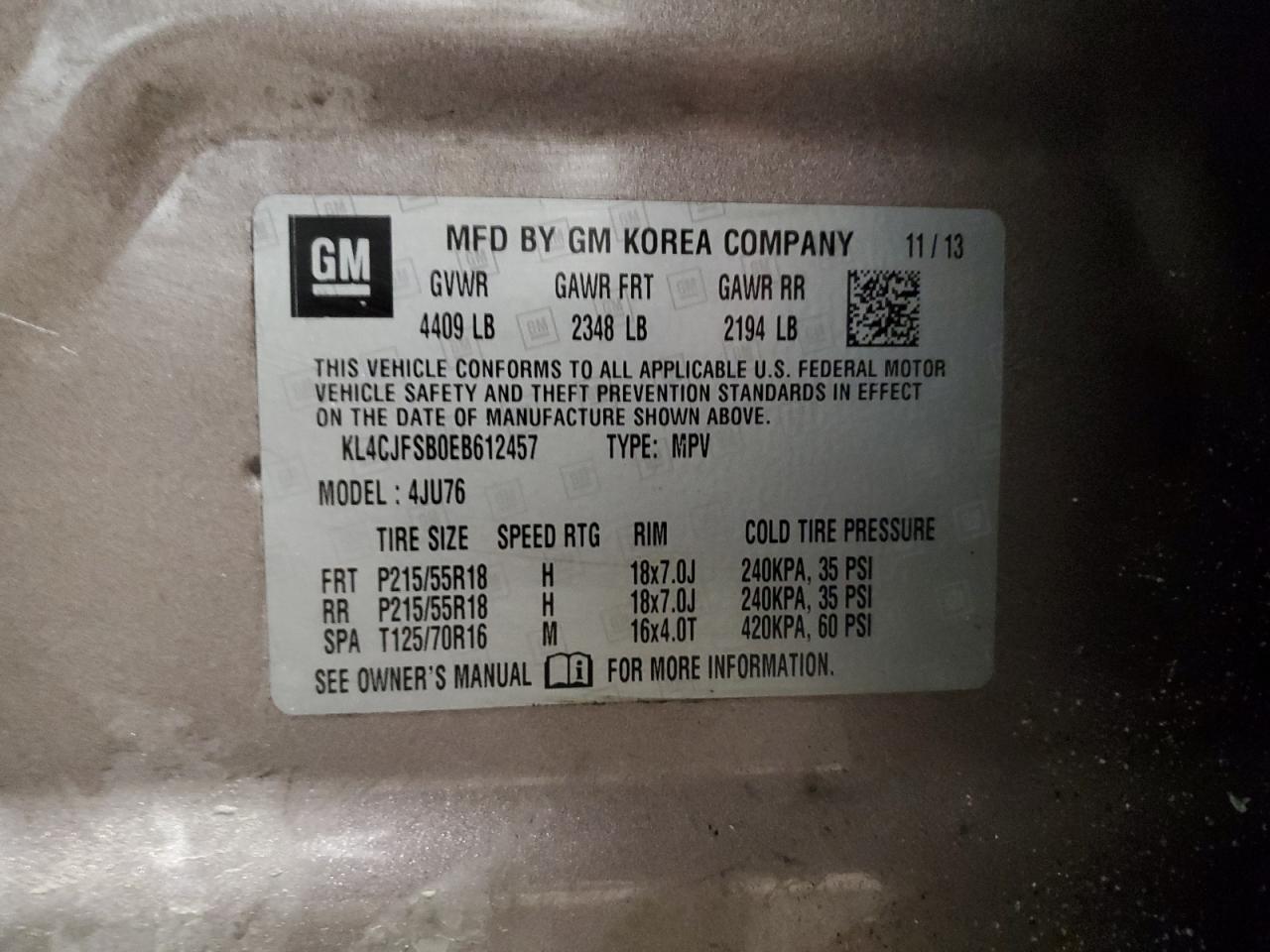 2014 Buick Encore Convenience VIN: KL4CJFSB0EB612457 Lot: 93178495