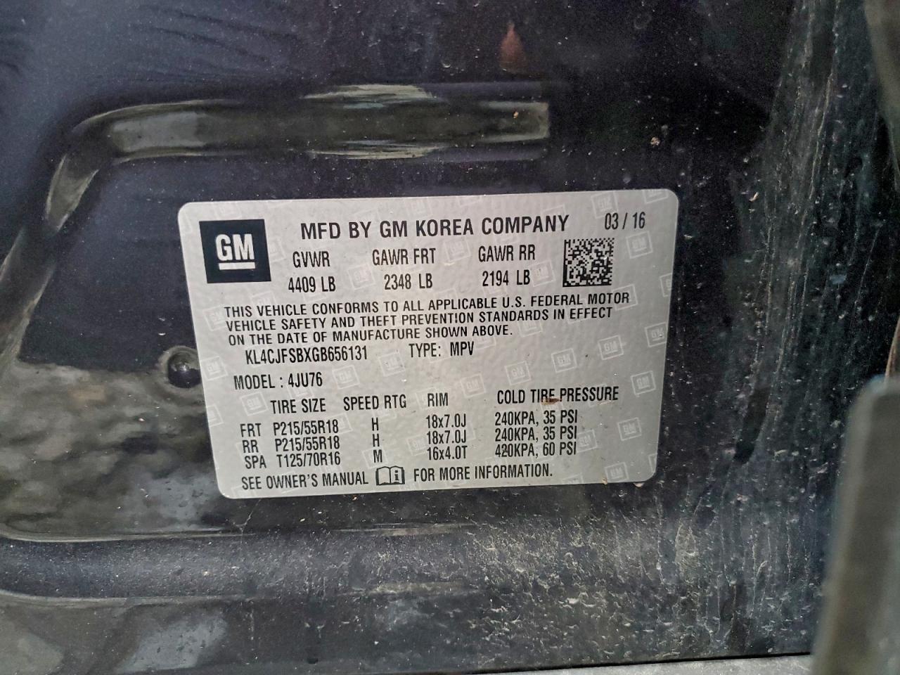 2016 Buick Encore Convenience VIN: KL4CJFSBXGB656131 Lot: 92394385