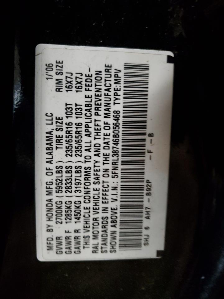 2006 Honda Odyssey Exl VIN: 5FNRL38746B056468 Lot: 93102555