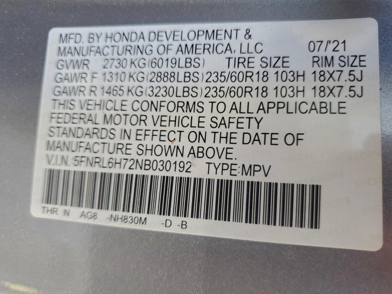 2022 Honda Odyssey Exl VIN: 5FNRL6H72NB030192 Lot: 94256455