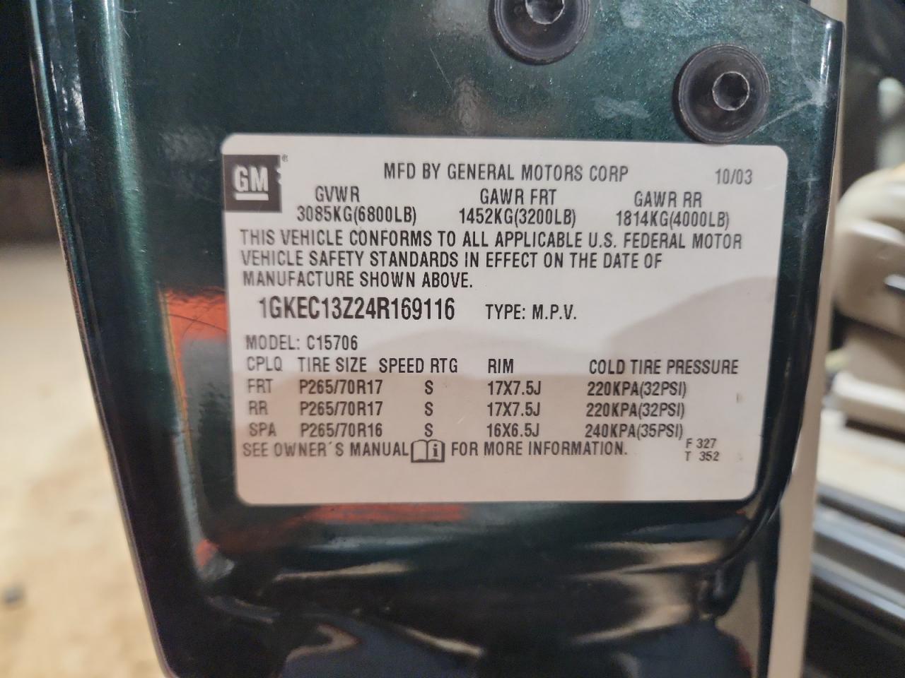 2004 GMC Yukon VIN: 1GKEC13Z24R169116 Lot: 92496835