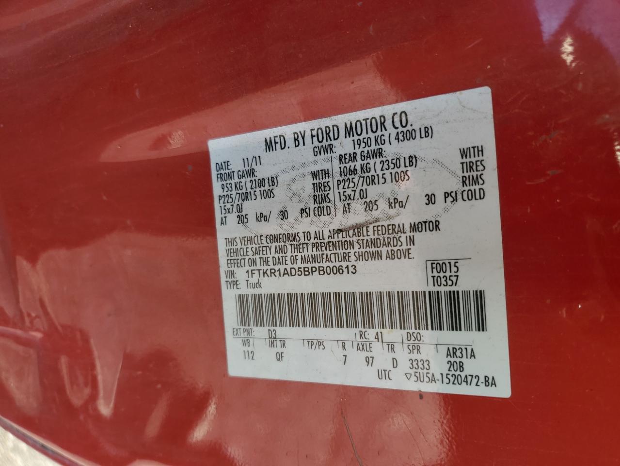 2011 Ford Ranger VIN: 1FTKR1AD5BPB00613 Lot: 92069135