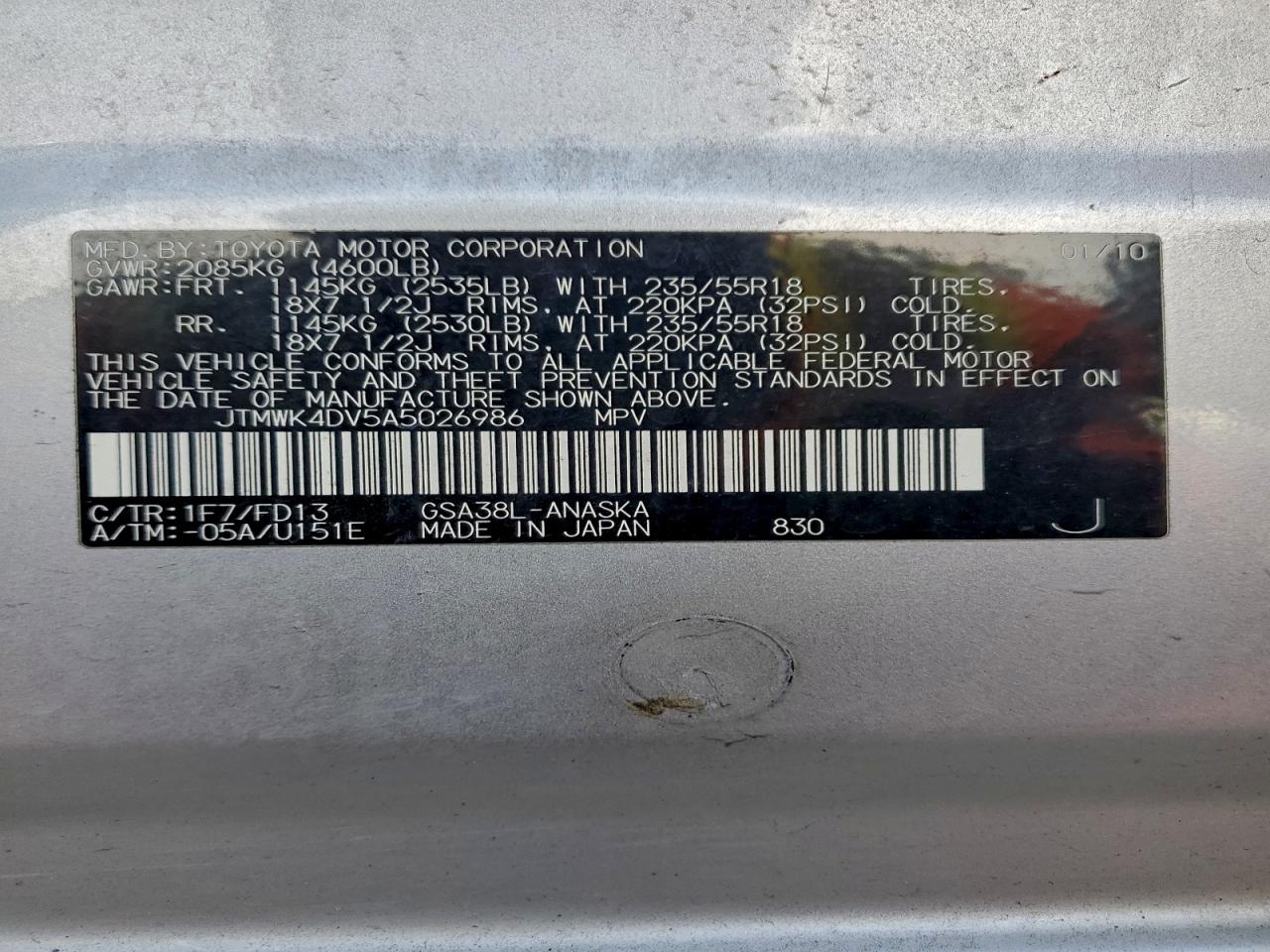 2010 Toyota Rav4 Sport VIN: JTMWK4DV5A5026986 Lot: 91252305