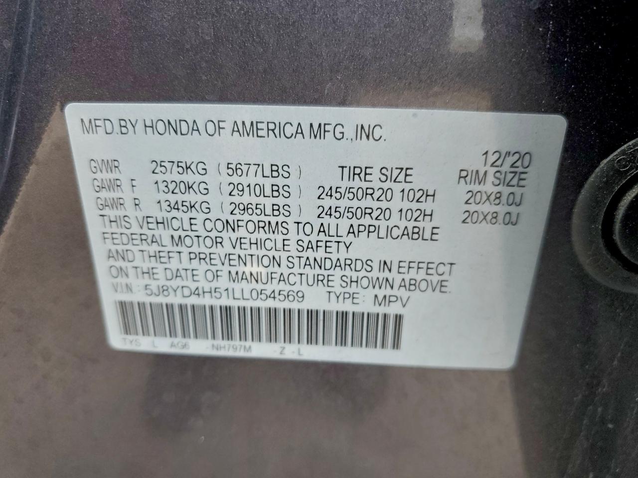 2020 Acura Mdx Technology VIN: 5J8YD4H51LL054569 Lot: 93476335