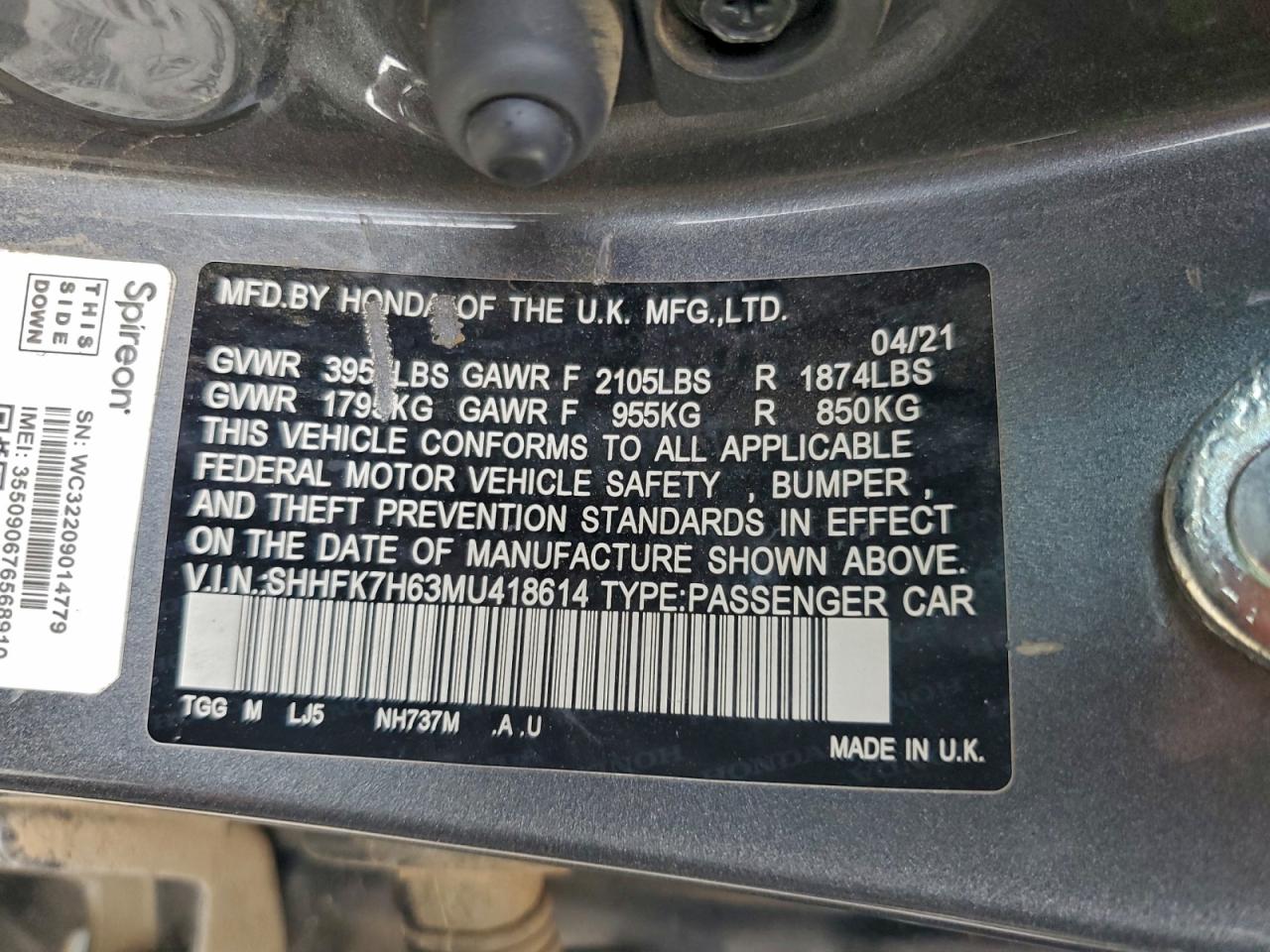 2021 Honda Civic Ex VIN: SHHFK7H63MU418614 Lot: 93988305