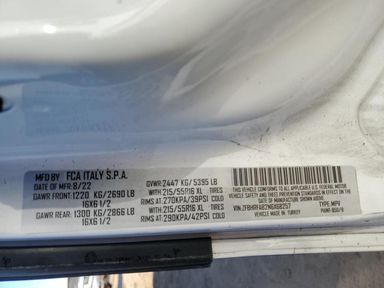 2022 Ram Promaster Delivery Van VIN: ZFBHRFAB2N6X68257 Lot: 92900655