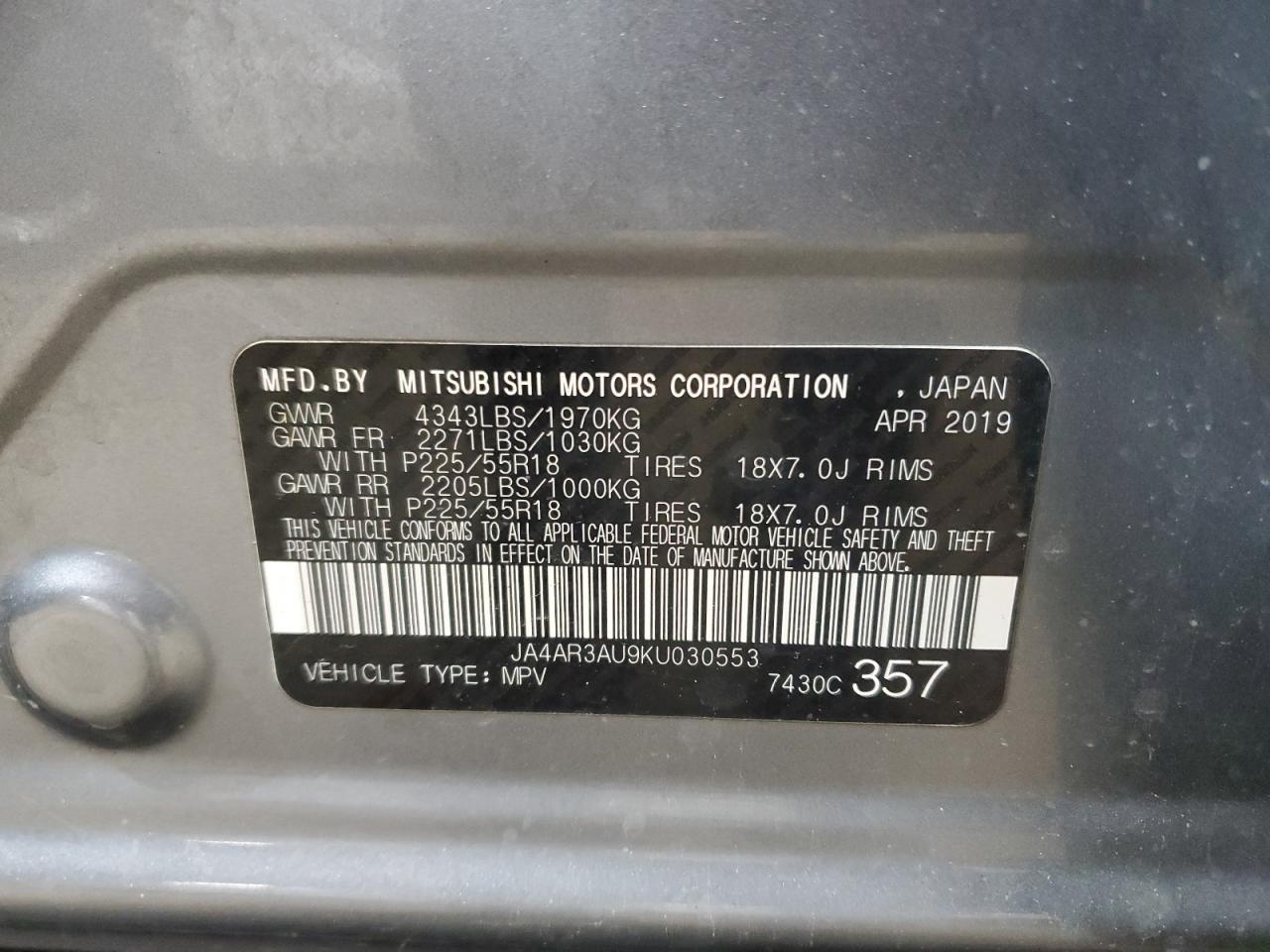 2019 Mitsubishi Outlander Sport Es VIN: JA4AR3AU9KU030553 Lot: 92598935