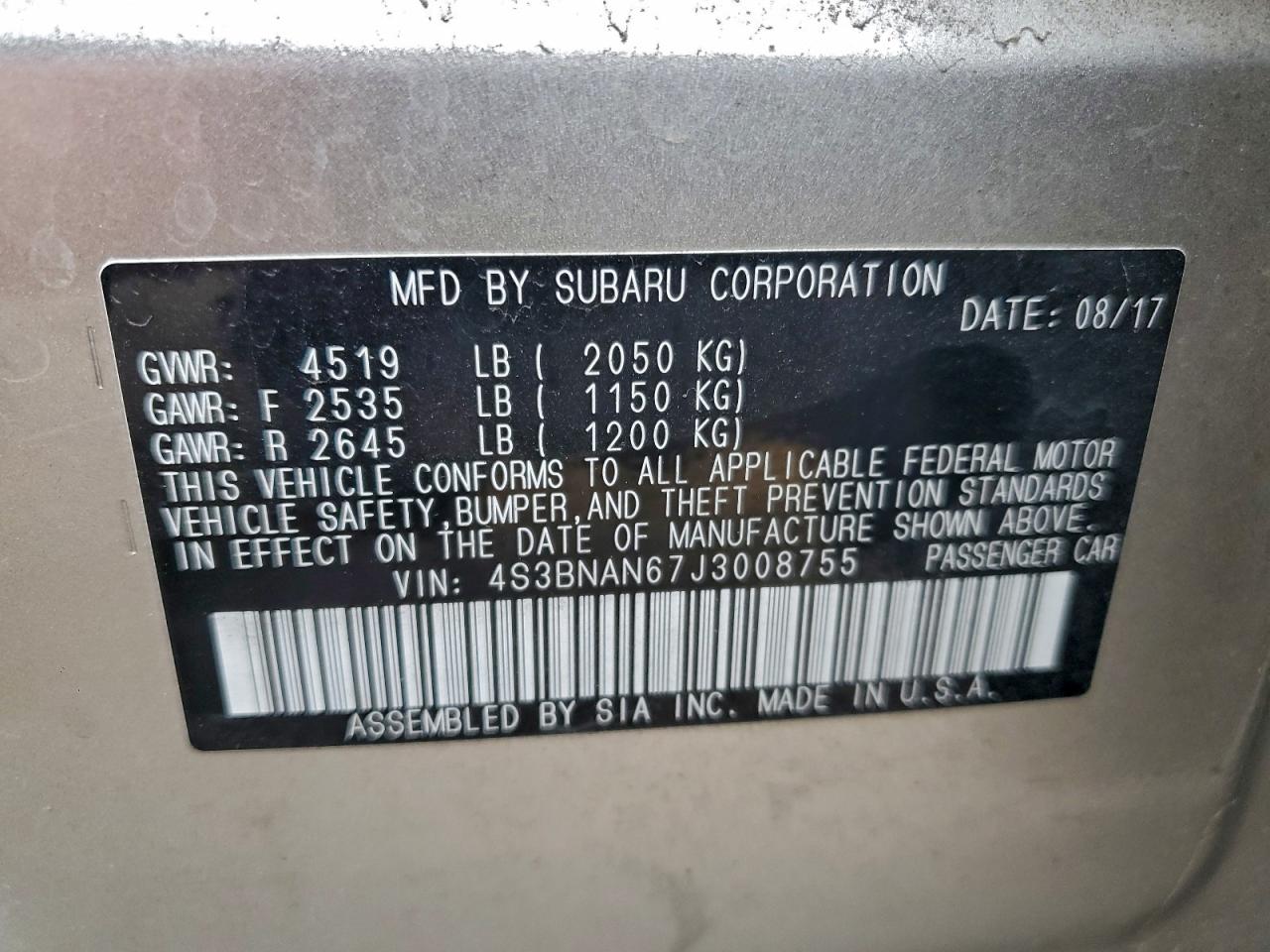 2018 Subaru Legacy 2.5I Limited VIN: 4S3BNAN67J3008755 Lot: 93905295