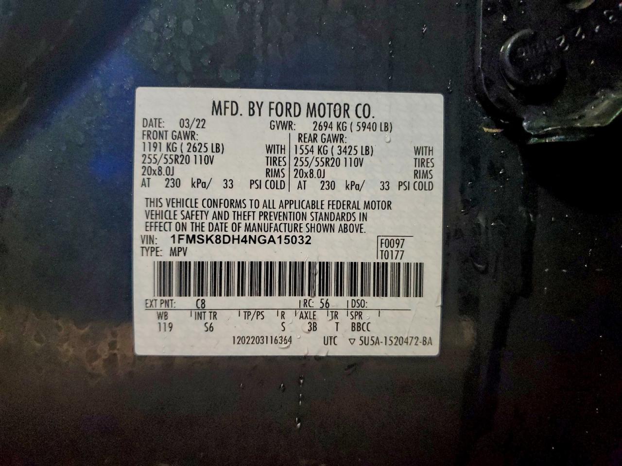 2022 Ford Explorer Xlt VIN: 1FMSK8DH4NGA15032 Lot: 94686565