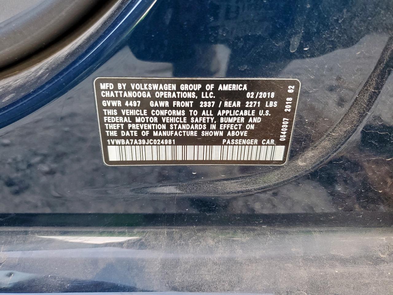 2018 Volkswagen Passat Se VIN: 1VWBA7A39JC024981 Lot: 92762285