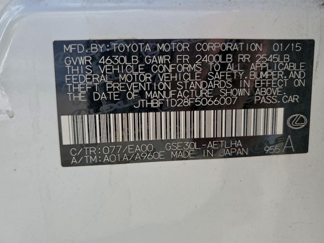 2015 Lexus Is 250 VIN: JTHBF1D28F5066007 Lot: 94504205