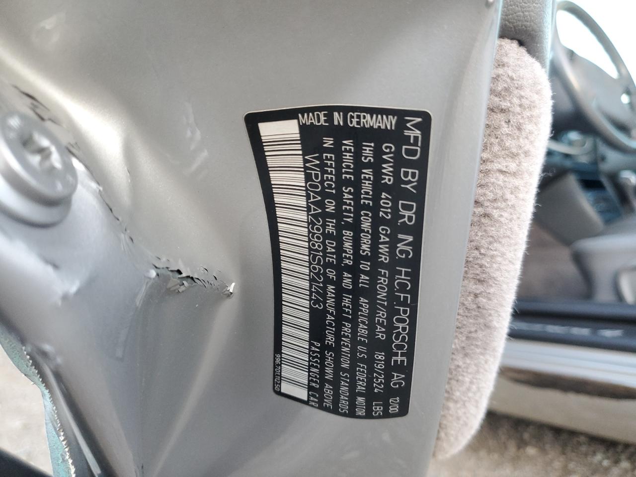 2001 Porsche 911 Carrera 2 VIN: WP0AA29981S621443 Lot: 92001905