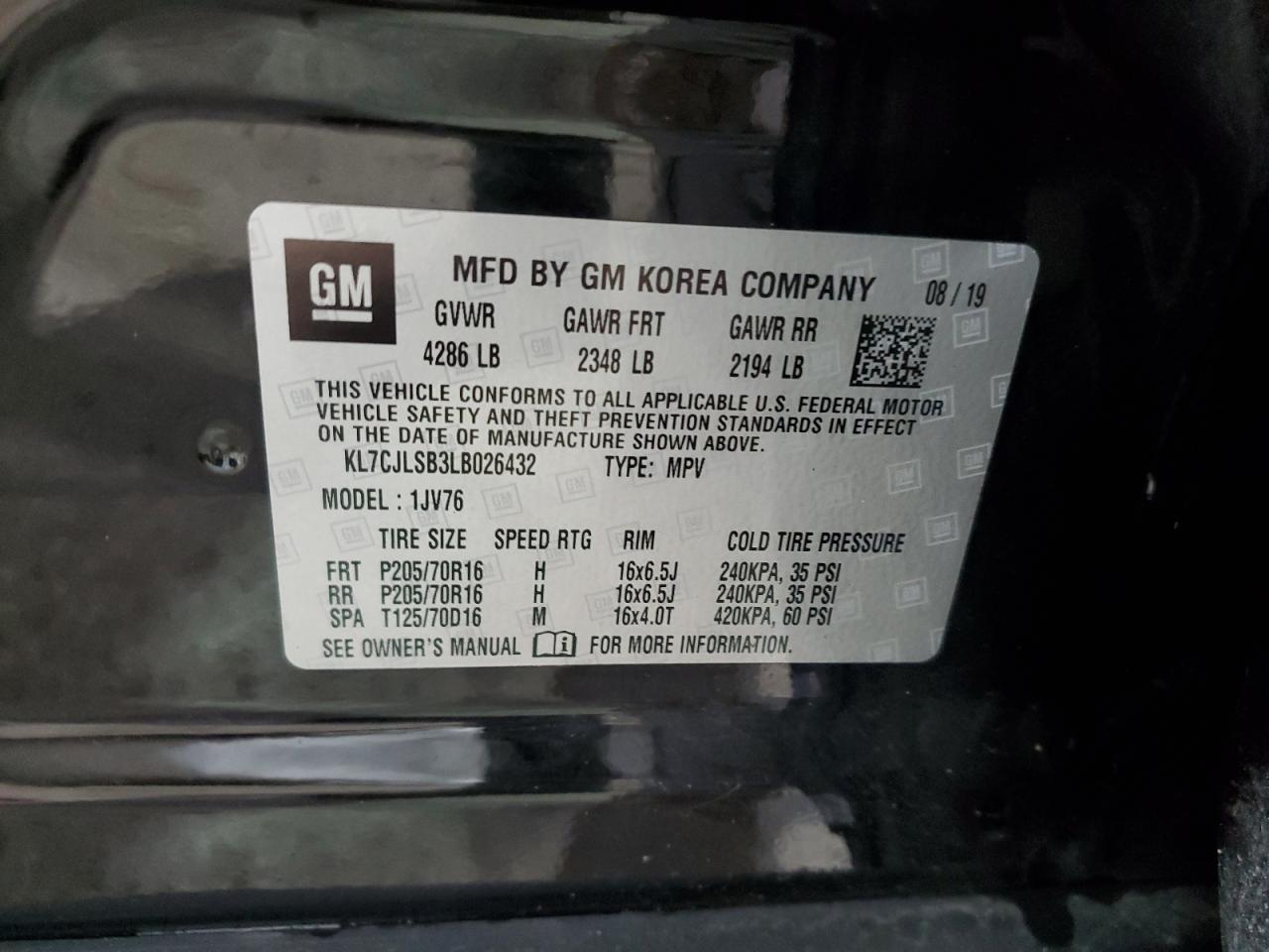 2020 Chevrolet Trax 1Lt VIN: KL7CJLSB3LB026432 Lot: 93465865