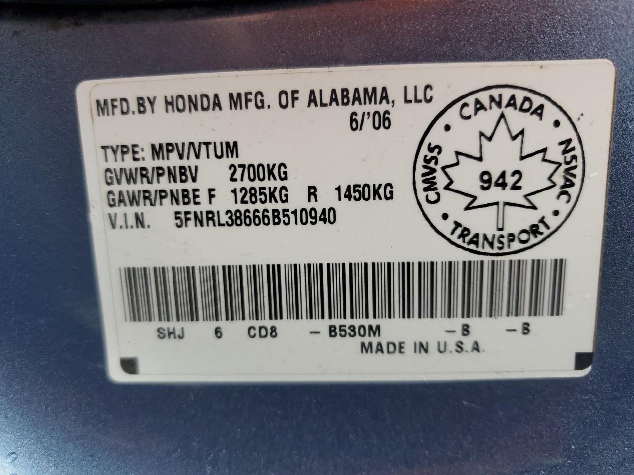 2006 Honda Odyssey Exl VIN: 5FNRL38666B510940 Lot: 92795385