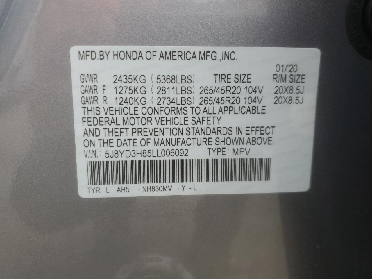 2020 Acura Mdx Advance VIN: 5J8YD3H85LL006092 Lot: 93739615