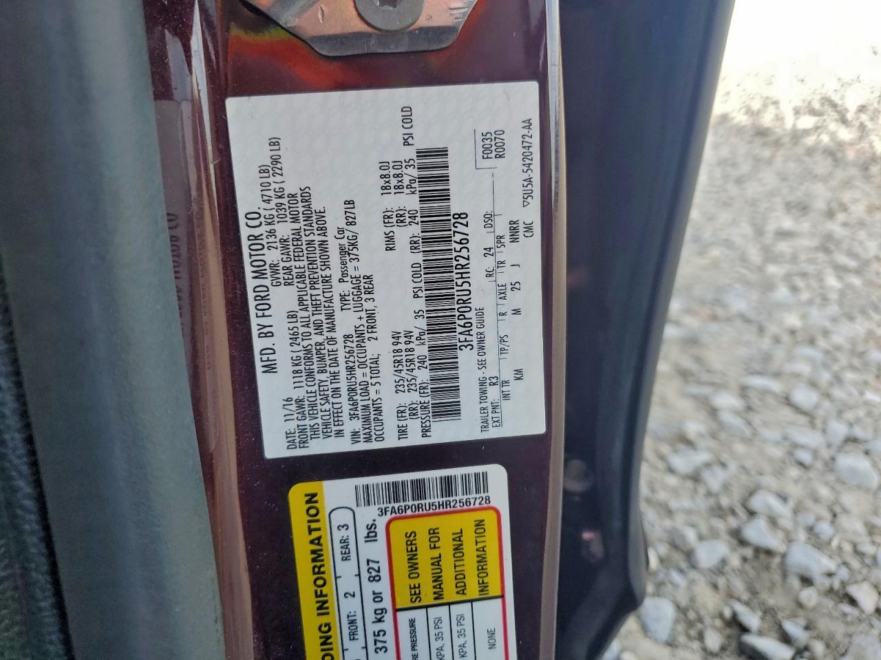 2017 Ford Fusion Titanium Hev VIN: 3FA6P0RU5HR256728 Lot: 94239385