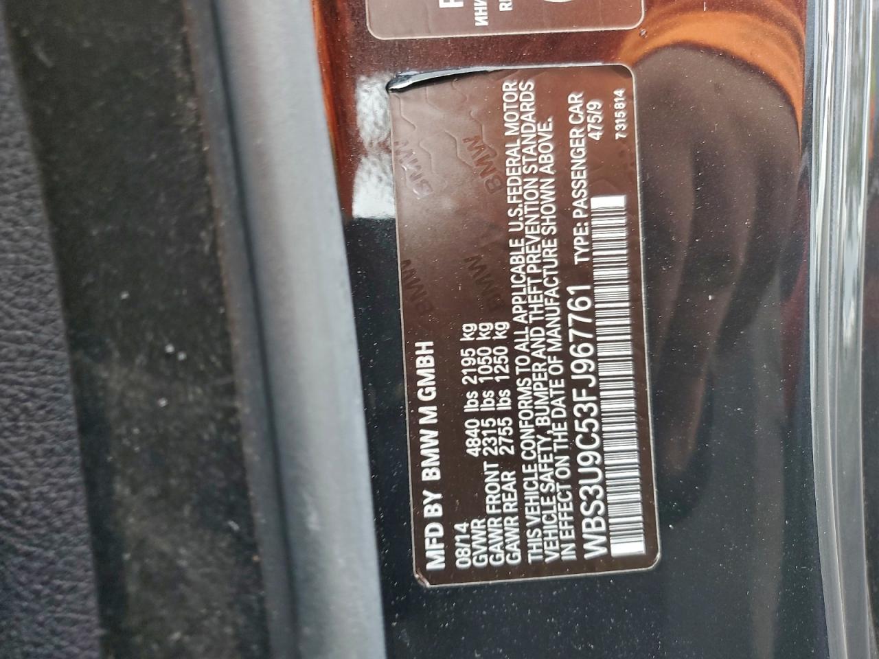 2015 BMW M4 VIN: WBS3U9C53FJ967761 Lot: 94596375