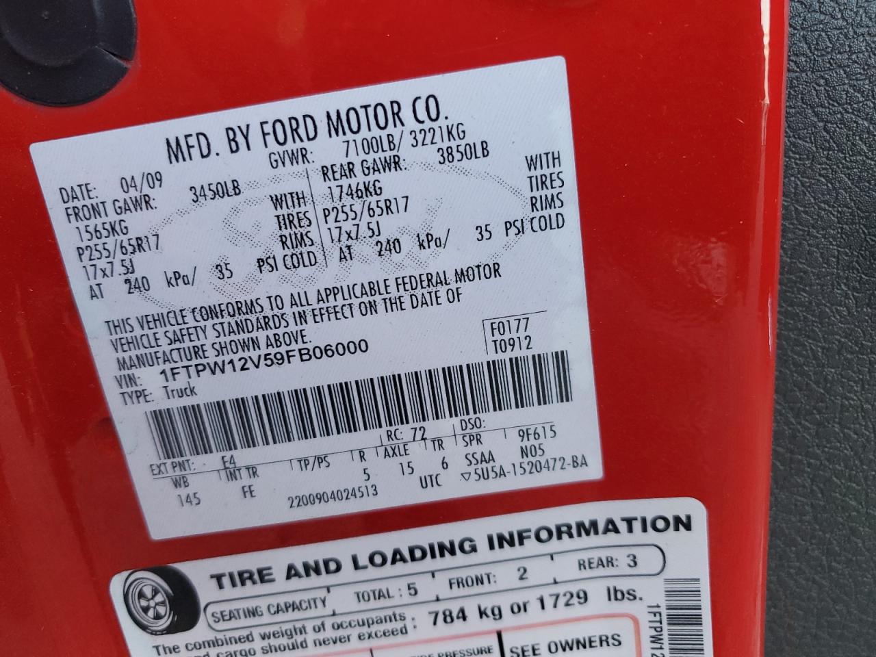 2009 Ford F150 Supercrew VIN: 1FTPW12V59FB06000 Lot: 93119875