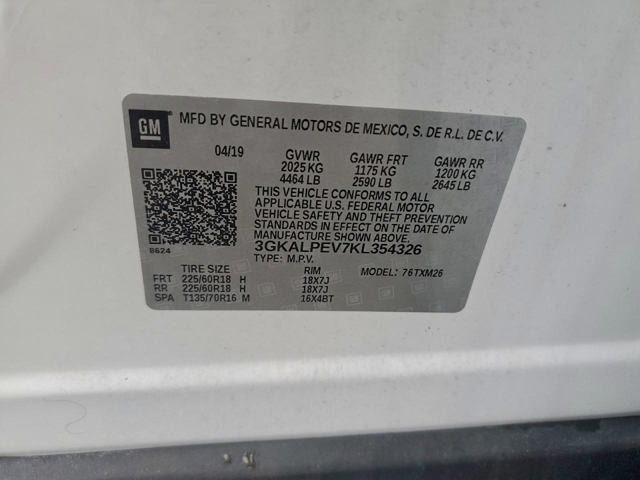 2019 GMC Terrain Slt VIN: 3GKALPEV7KL354326 Lot: 94569475